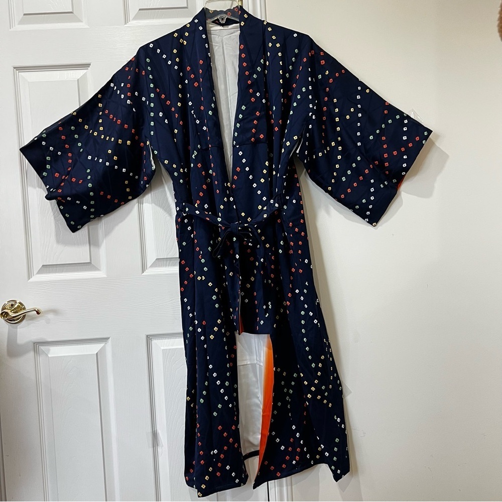 Japanese Kimono Haori Robe Shibori Pattern Cream Orange Lined Navy Blue